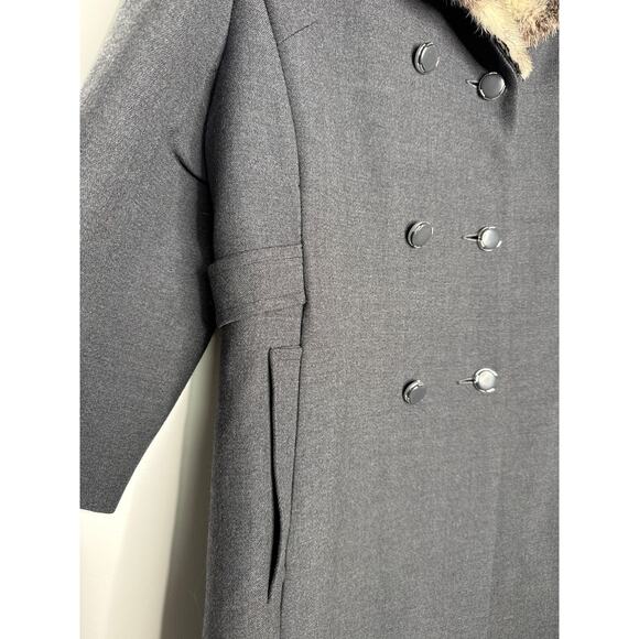 Vintage 1960s Wool Coat with Real Fur Collar Gray Double Breasted XXL - Picture 16 of 16